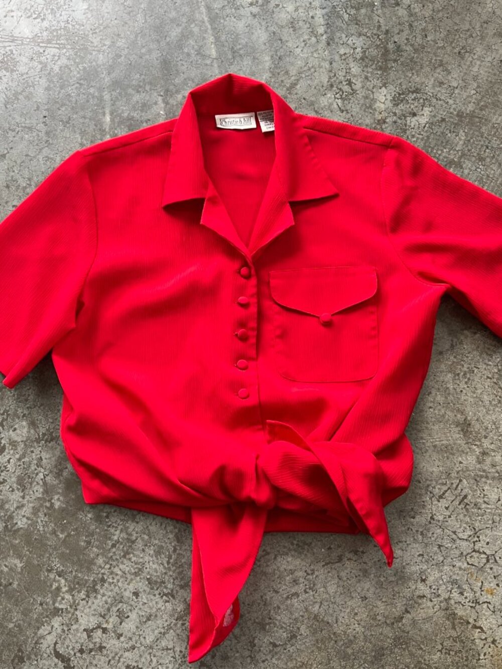 Christie & Jill Red Button Down Blouse Textured Short Sleeve Top Women's Small